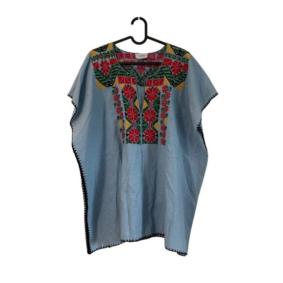 Mi Golondrina Blue Multicolor Embroidered Tunic Blouse Top Womens Size 2X - Picture 1 of 4